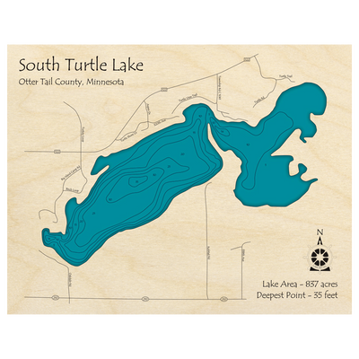 Bathymetric topo map of South Turtle Lake, MN with roads, towns and depths noted in blue water.