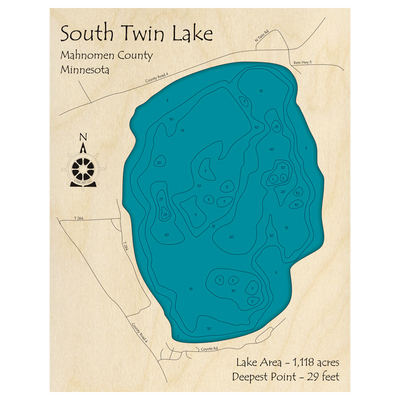 Bathymetric topo map of Twin Lake, MN with roads, towns and depths noted in blue water.