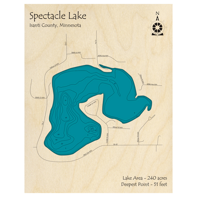 Bathymetric topo map of Spectacle Lake, MN with roads, towns and depths noted in blue water.
