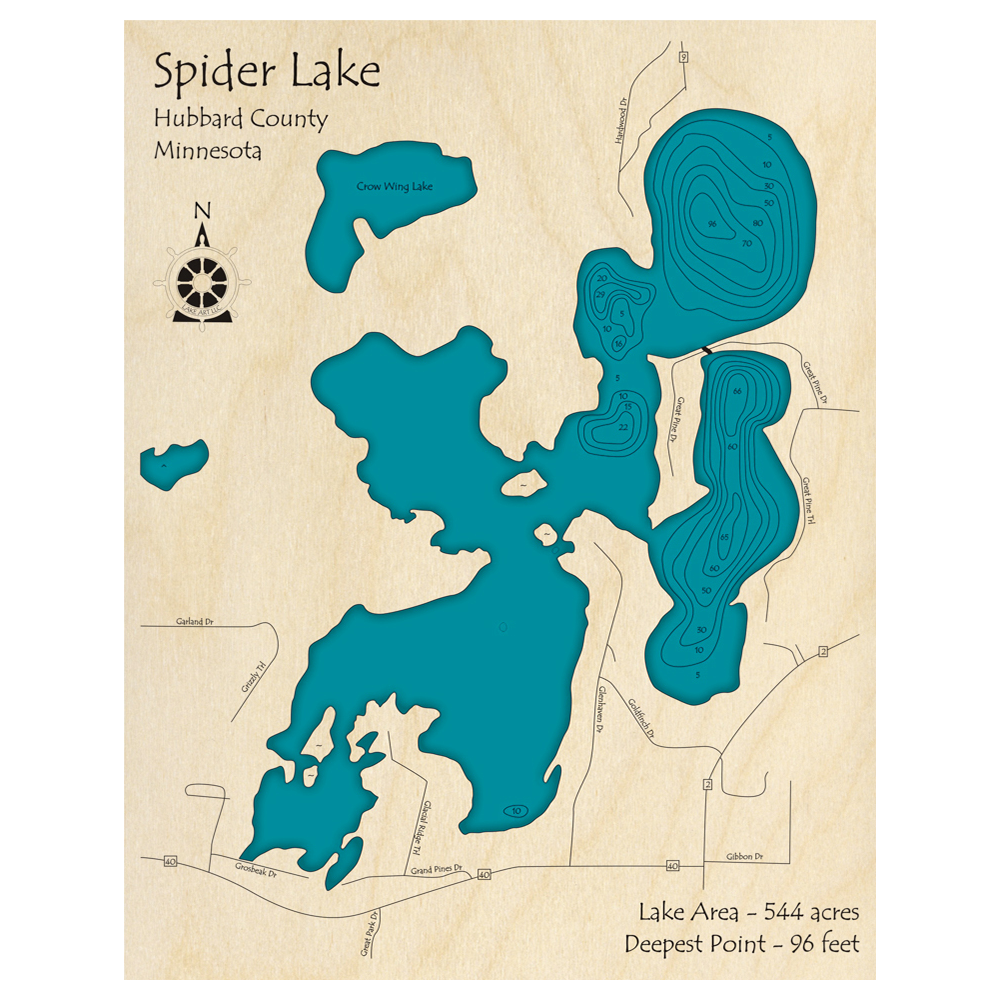 Bathymetric topo map of Spider Lake, MN with roads, towns and depths noted in blue water.
