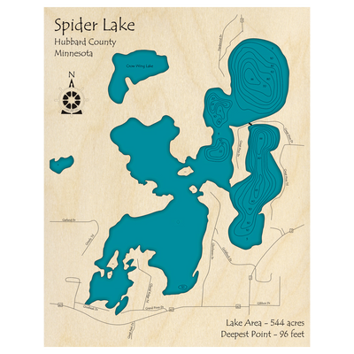 Bathymetric topo map of Spider Lake, MN with roads, towns and depths noted in blue water.