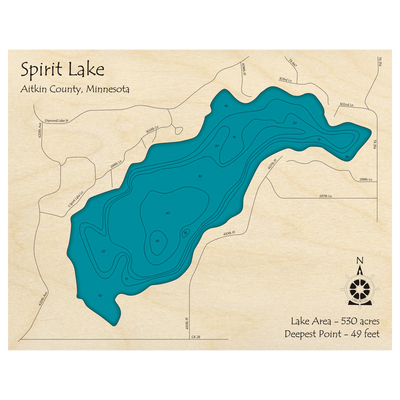 Bathymetric topo map of Spirit Lake, MN with roads, towns and depths noted in blue water.