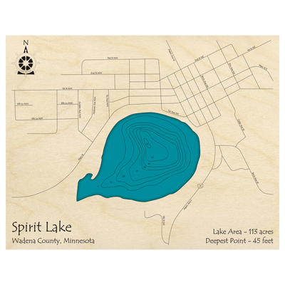 Bathymetric topo map of Spirit Lake, MN with roads, towns and depths noted in blue water.