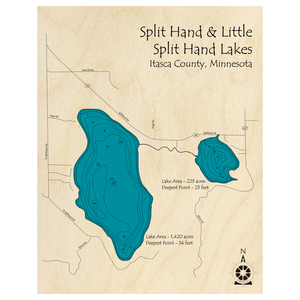 Bathymetric topo map of Split Hand Lake, MN with roads, towns and depths noted in blue water.