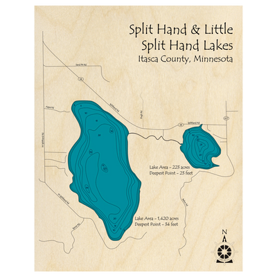 Bathymetric topo map of Split Hand Lake, MN with roads, towns and depths noted in blue water.