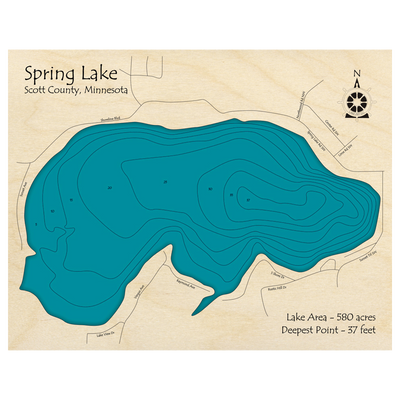 Bathymetric topo map of Spring Lake, MN with roads, towns and depths noted in blue water.
