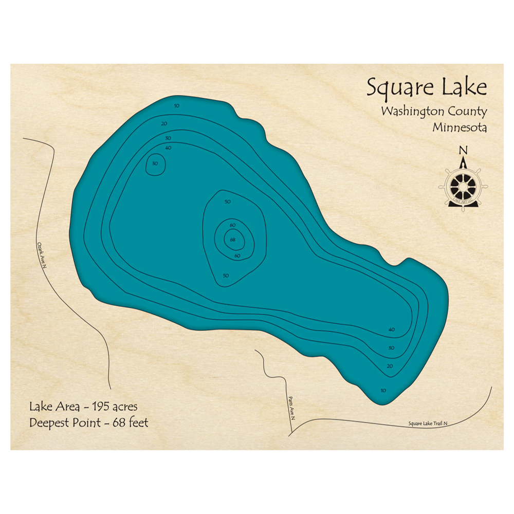 Bathymetric topo map of Square Lake, MN with roads, towns and depths noted in blue water.