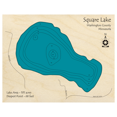 Bathymetric topo map of Square Lake, MN with roads, towns and depths noted in blue water.