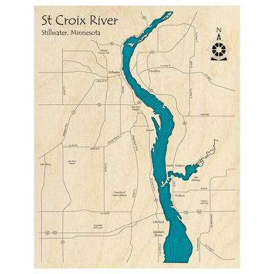 Bathymetric topo map of St Croix River, MN with roads, towns and depths noted in blue water.