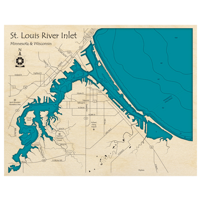 Bathymetric topo map of St Louis River Inlet (MN, WI) with roads, towns and depths noted in blue water.