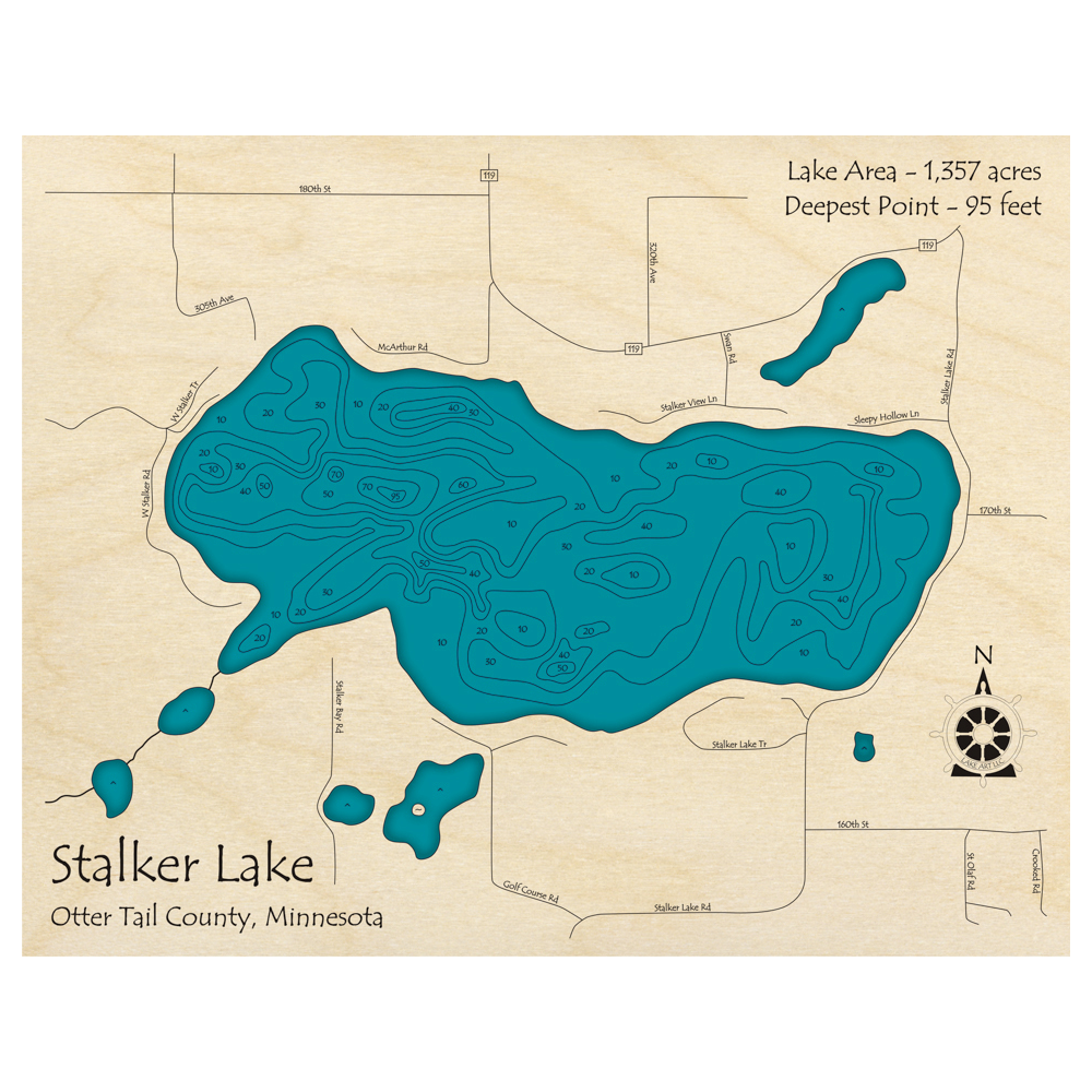 Bathymetric topo map of Stalker Lake, MN with roads, towns and depths noted in blue water.