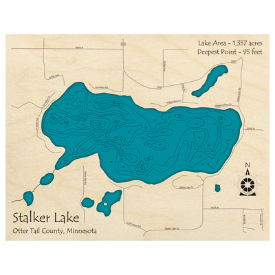 Bathymetric topo map of Stalker Lake, MN with roads, towns and depths noted in blue water.