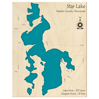 Bathymetric topo map of Star Lake, MN with roads, towns and depths noted in blue water.