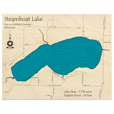 Bathymetric topo map of Steamboat Lake, MN with roads, towns and depths noted in blue water.