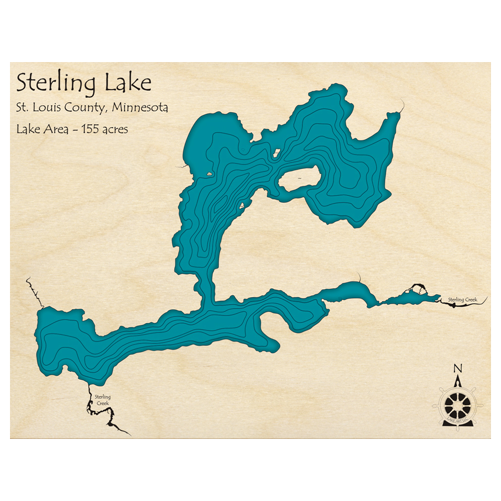 Bathymetric topo map of Sterling Lake, MN with roads, towns and depths noted in blue water.