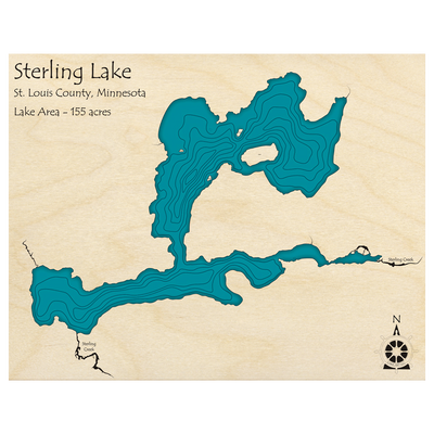 Bathymetric topo map of Sterling Lake, MN with roads, towns and depths noted in blue water.