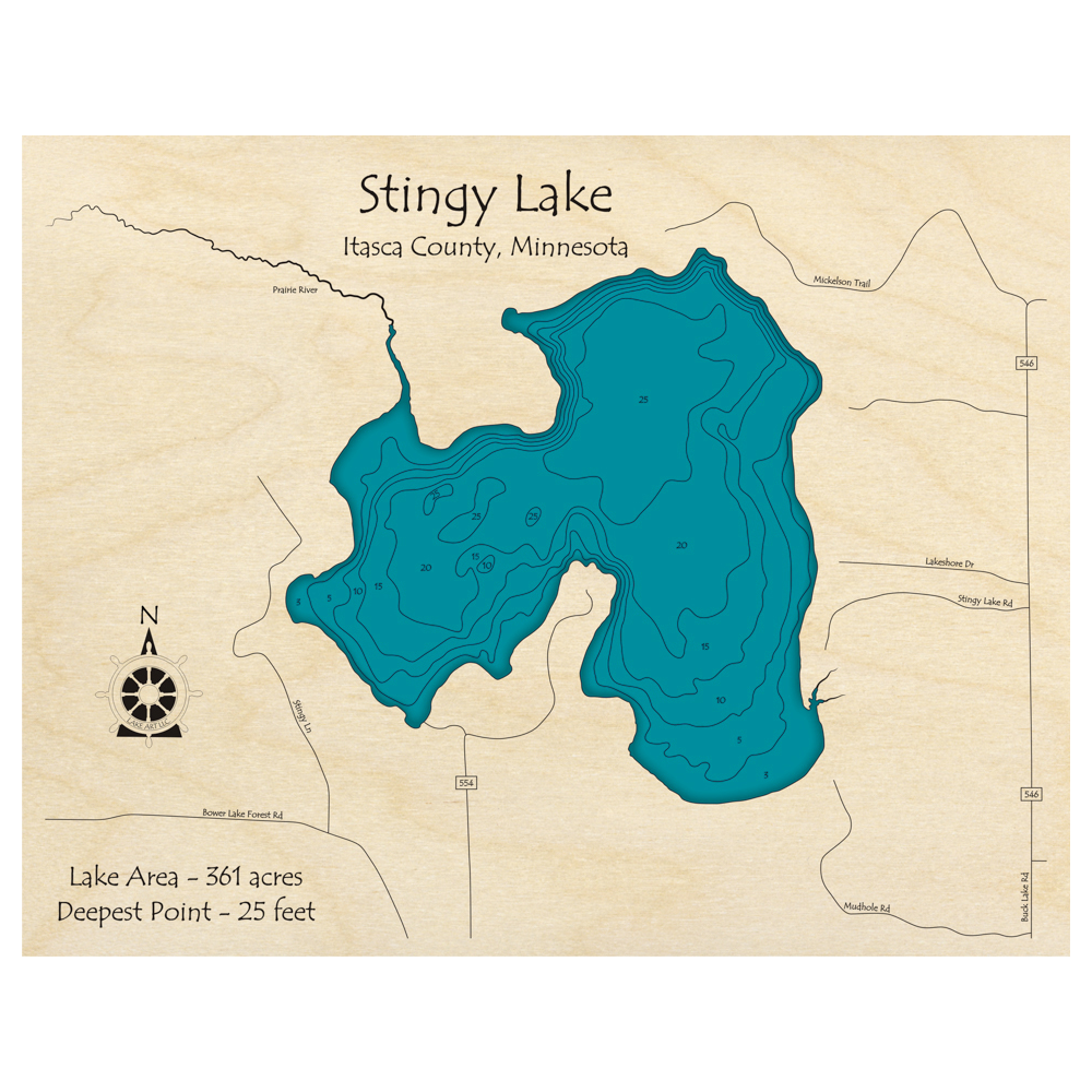Bathymetric topo map of Stingy Lake, MN with roads, towns and depths noted in blue water.