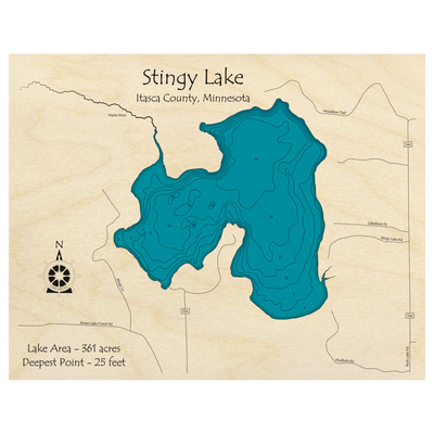 Bathymetric topo map of Stingy Lake, MN with roads, towns and depths noted in blue water.