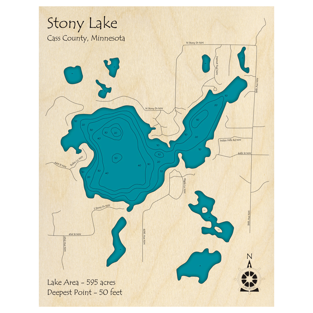 Bathymetric topo map of Stony Lake, MN with roads, towns and depths noted in blue water.