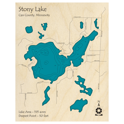 Bathymetric topo map of Stony Lake, MN with roads, towns and depths noted in blue water.