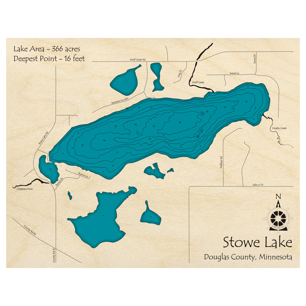 Bathymetric topo map of Stowe Lake, MN with roads, towns and depths noted in blue water.