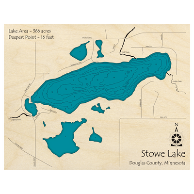 Bathymetric topo map of Stowe Lake, MN with roads, towns and depths noted in blue water.