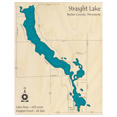 Bathymetric topo map of Straight Lake, MN with roads, towns and depths noted in blue water.