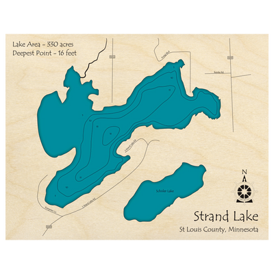 Bathymetric topo map of Strand Lake, MN with roads, towns and depths noted in blue water.