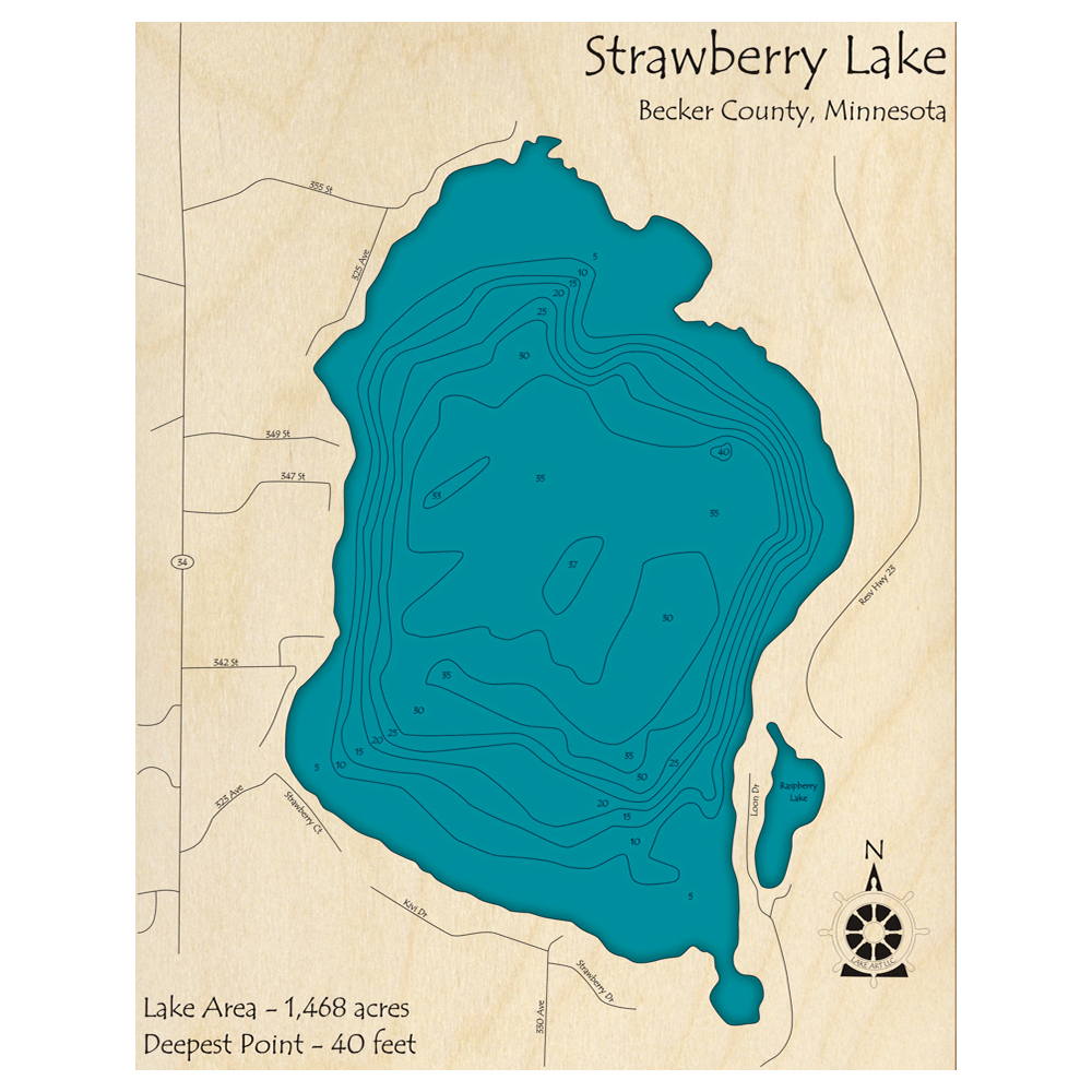 Bathymetric topo map of Strawberry Lake, MN with roads, towns and depths noted in blue water.
