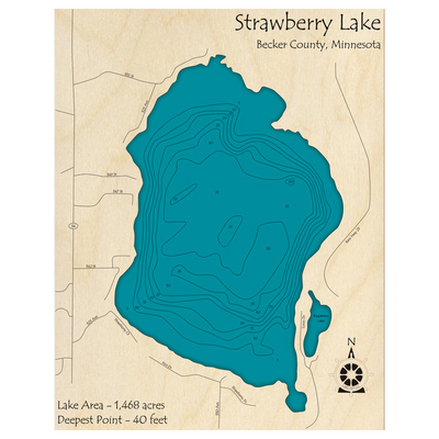 Bathymetric topo map of Strawberry Lake, MN with roads, towns and depths noted in blue water.