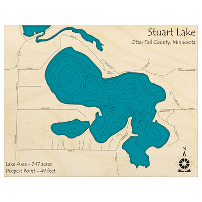 Bathymetric topo map of Stuart Lake, MN with roads, towns and depths noted in blue water.