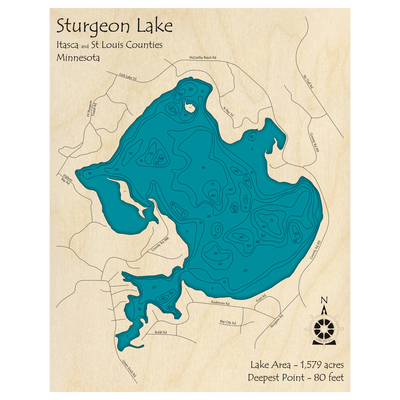 Bathymetric topo map of Sturgeon Lake, MN with roads, towns and depths noted in blue water.