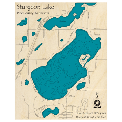 Bathymetric topo map of Sturgeon Lake, MN with roads, towns and depths noted in blue water.