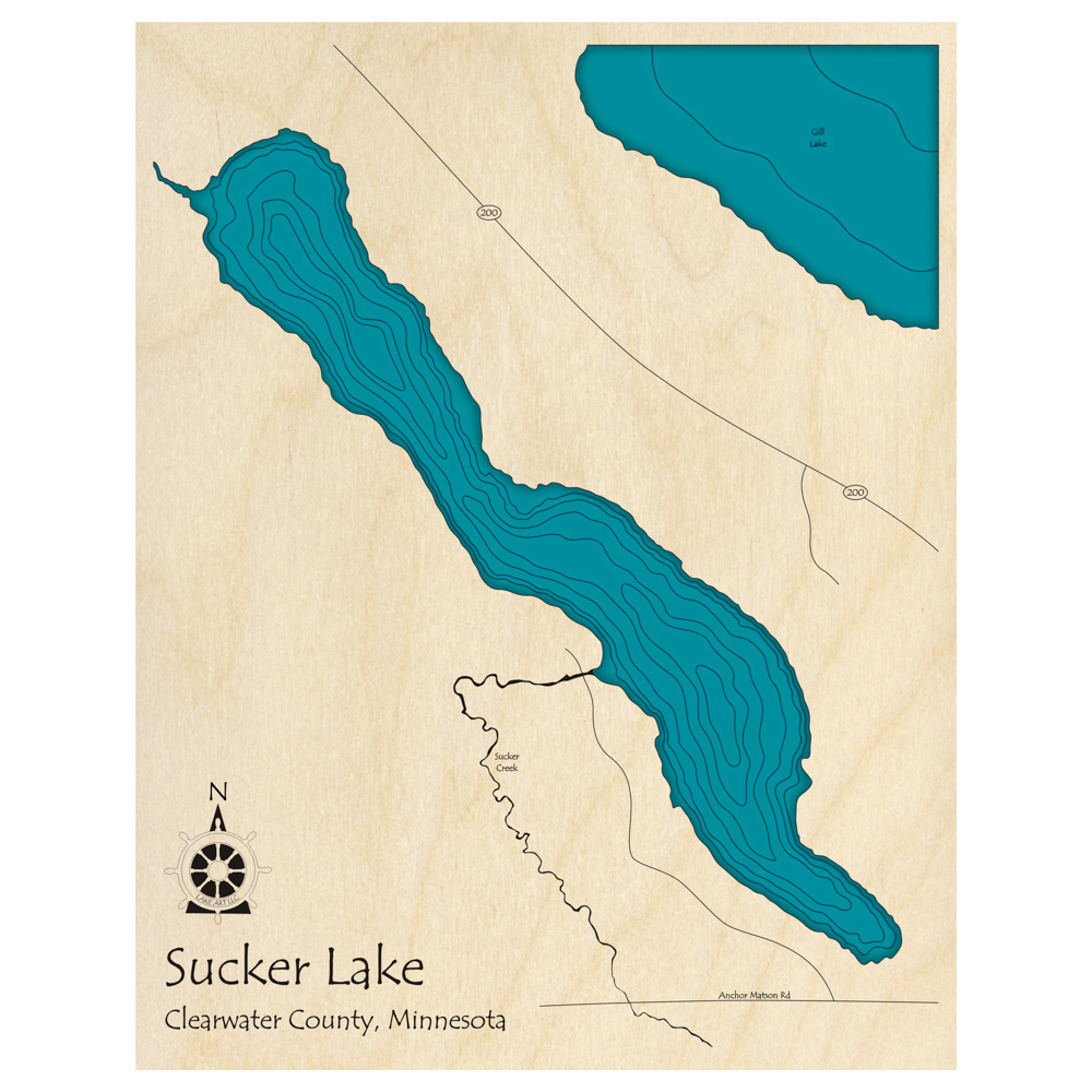 Bathymetric topo map of Sucker Lake, MN with roads, towns and depths noted in blue water.