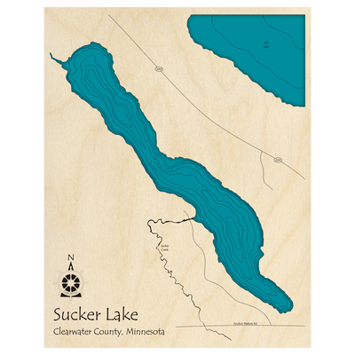 Bathymetric topo map of Sucker Lake, MN with roads, towns and depths noted in blue water.