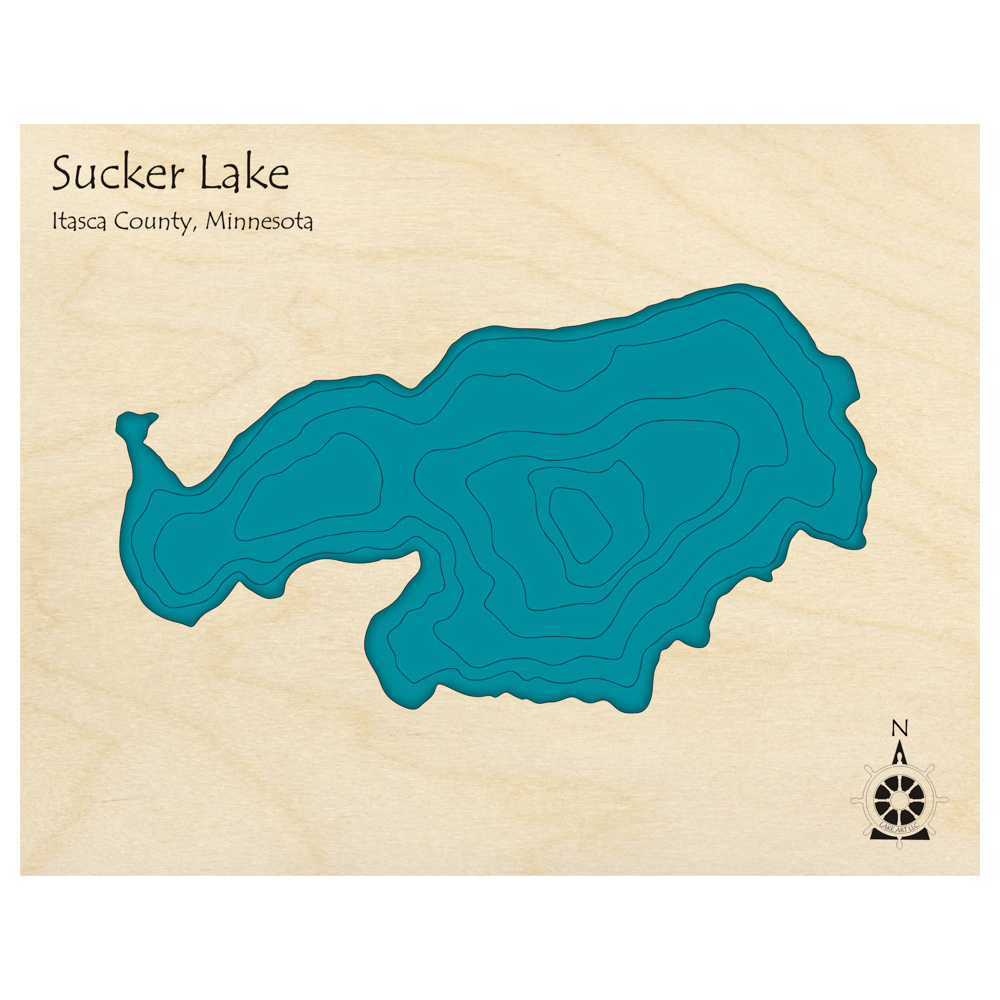 Bathymetric topo map of Sucker Lake, MN with roads, towns and depths noted in blue water.