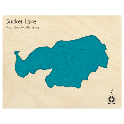 Bathymetric topo map of Sucker Lake, MN with roads, towns and depths noted in blue water.