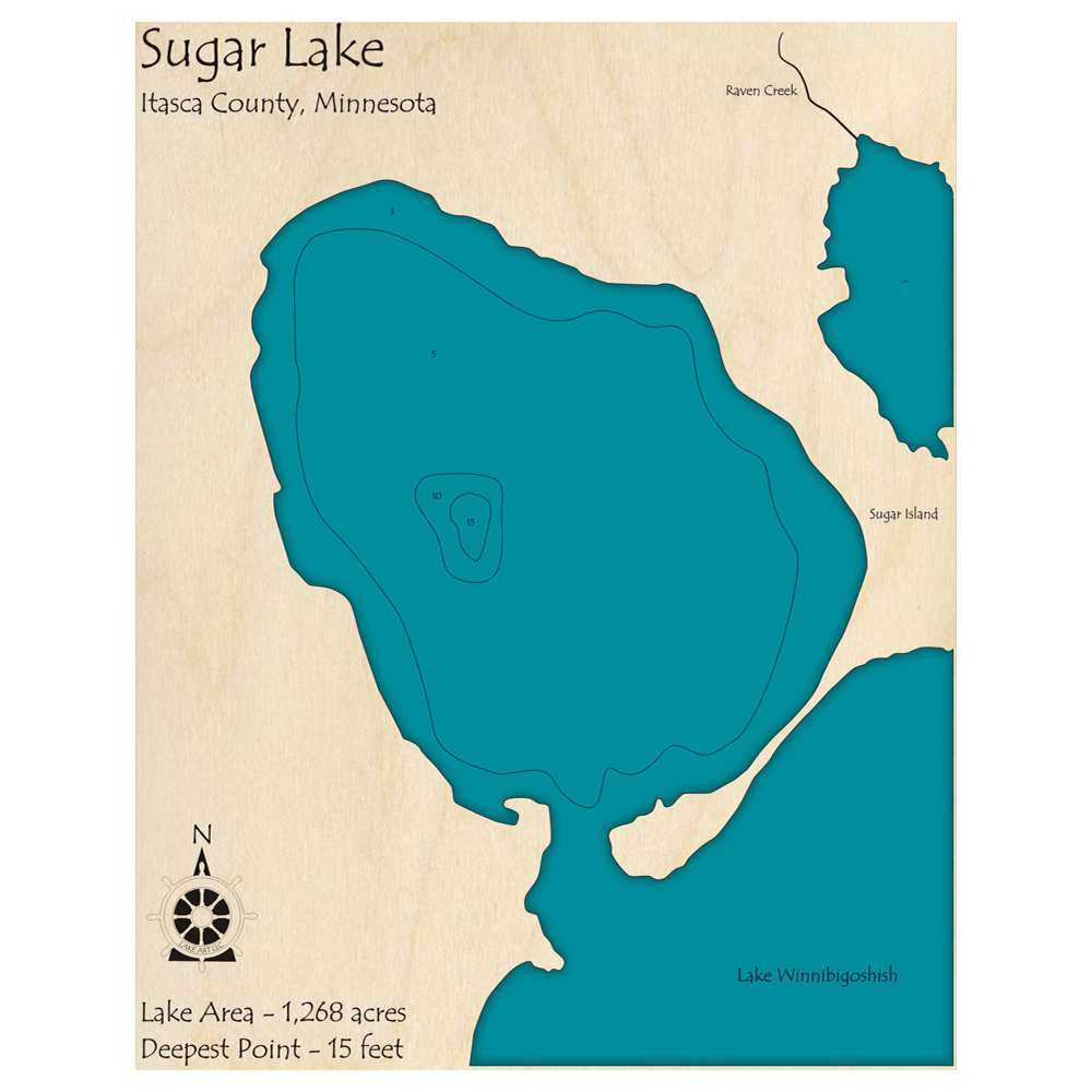 Bathymetric topo map of Sugar Lake, MN with roads, towns and depths noted in blue water.