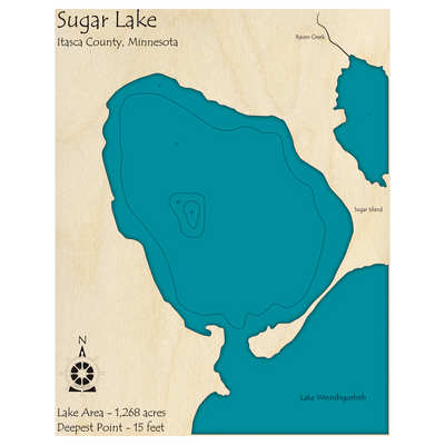 Bathymetric topo map of Sugar Lake, MN with roads, towns and depths noted in blue water.