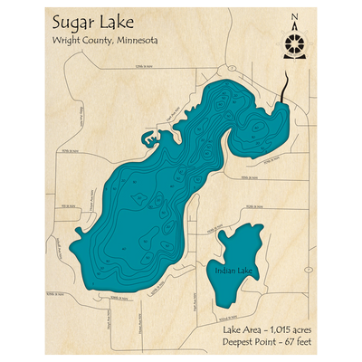 Bathymetric topo map of Sugar Lake, MN with roads, towns and depths noted in blue water.