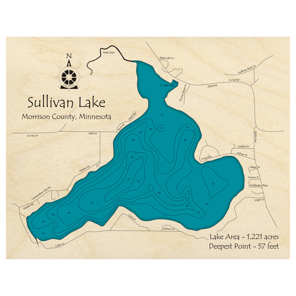 Bathymetric topo map of Sullivan Lake, MN with roads, towns and depths noted in blue water.
