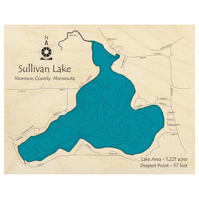 Bathymetric topo map of Sullivan Lake, MN with roads, towns and depths noted in blue water.