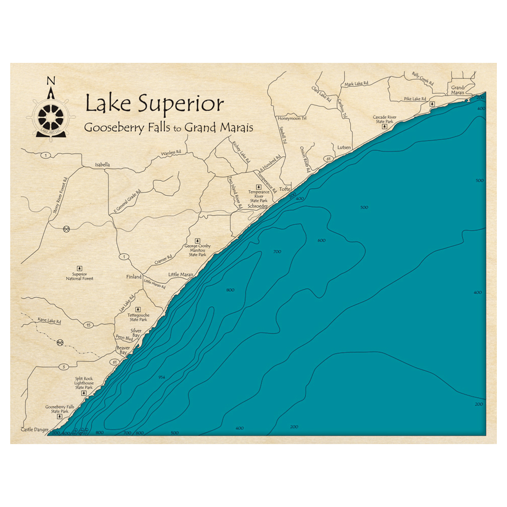 Bathymetric topo map of Lake Superior Coastline, MN with roads, towns and depths noted in blue water.