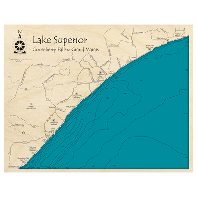 Bathymetric topo map of Lake Superior Coastline, MN with roads, towns and depths noted in blue water.