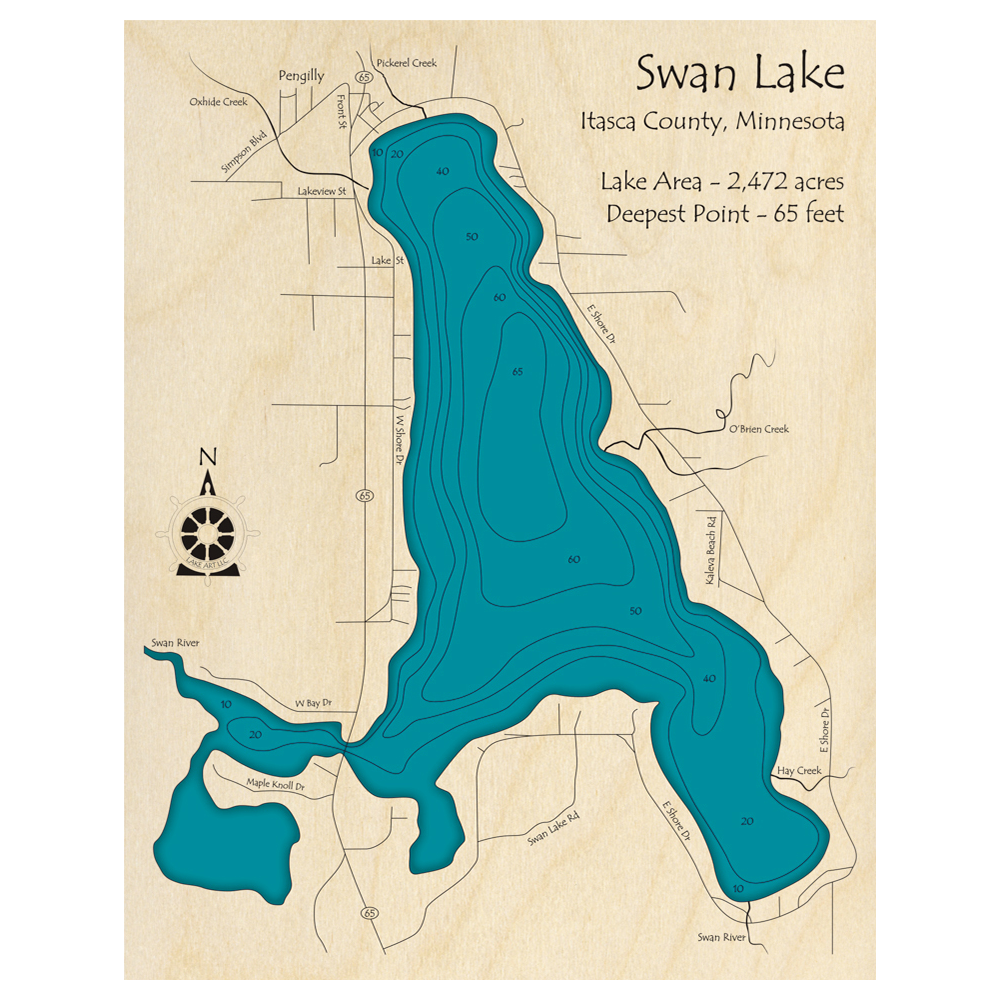 Bathymetric topo map of Swan Lake, MN with roads, towns and depths noted in blue water.