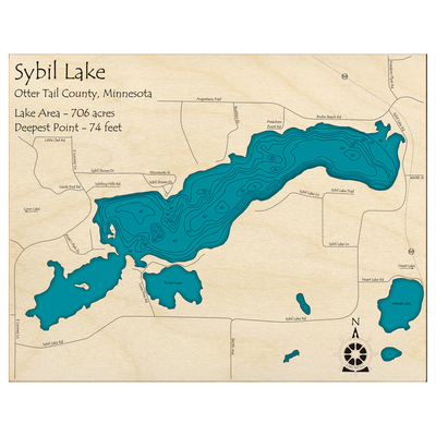 Bathymetric topo map of Sybil Lake, MN with roads, towns and depths noted in blue water.