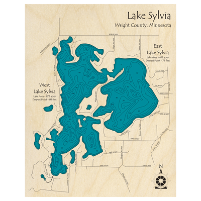 Bathymetric topo map of Lake Sylvia, MN with roads, towns and depths noted in blue water.