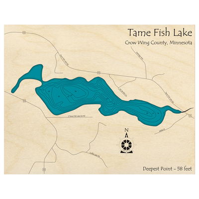 Bathymetric topo map of Tame Fish Lake, MN with roads, towns and depths noted in blue water.