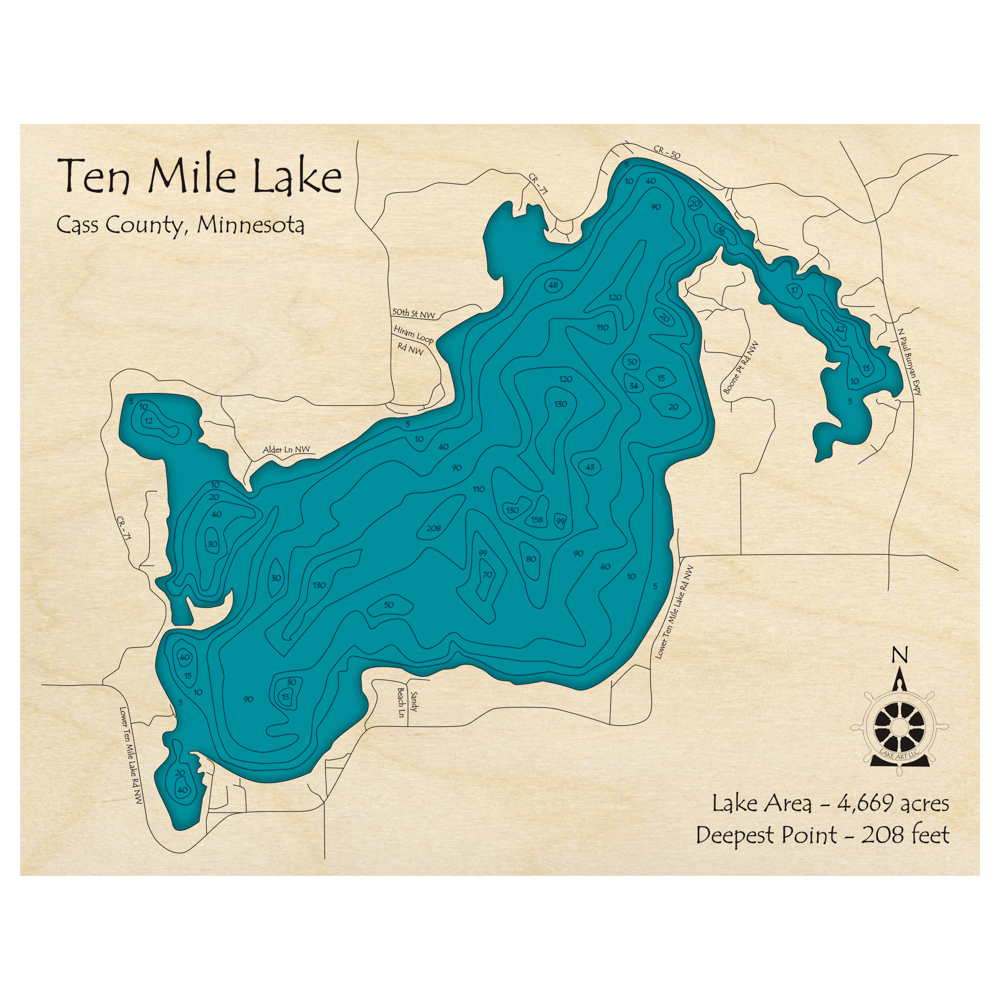 Bathymetric topo map of Ten Mile Lake, MN with roads, towns and depths noted in blue water.