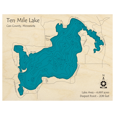 Bathymetric topo map of Ten Mile Lake, MN with roads, towns and depths noted in blue water.
